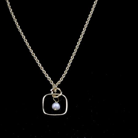 Square charm with pearl necklace, Brass with 22k gold plated, Handmade jewelry